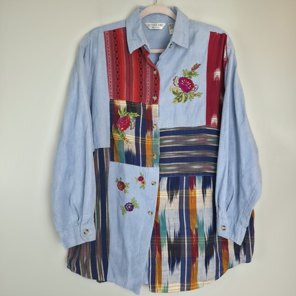 Vtg Victoria Jones Blouse Women's Sz 22W Embroidered Patchwork Long Sleeves.D47